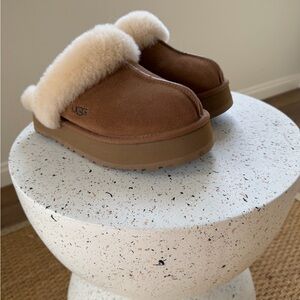 UGG Tan Suede Slippers with White Fur